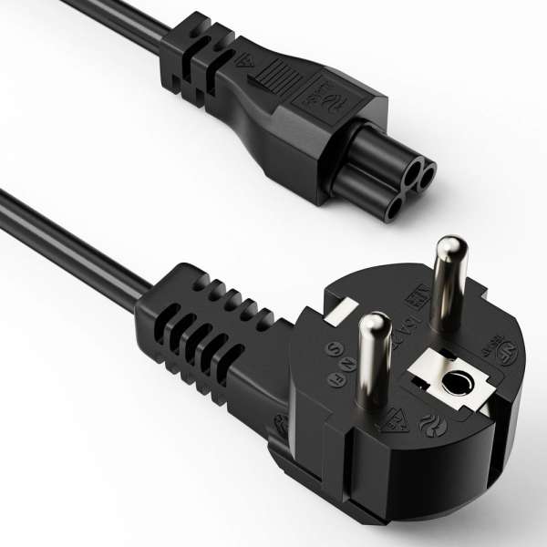 Netzkabel - Schutzkontakt Stecker 90° auf IEC Buchse (C5) gerade. Schwarz. 2,00m