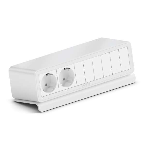 mediahub2 - 10 -Slot, freistehend, On-Table Design - weißes Gehäuse und mattweiße Module. 2 Steckdosen + 6 Leerplätze. Buchse - DE. Stecker - Wieland GST18