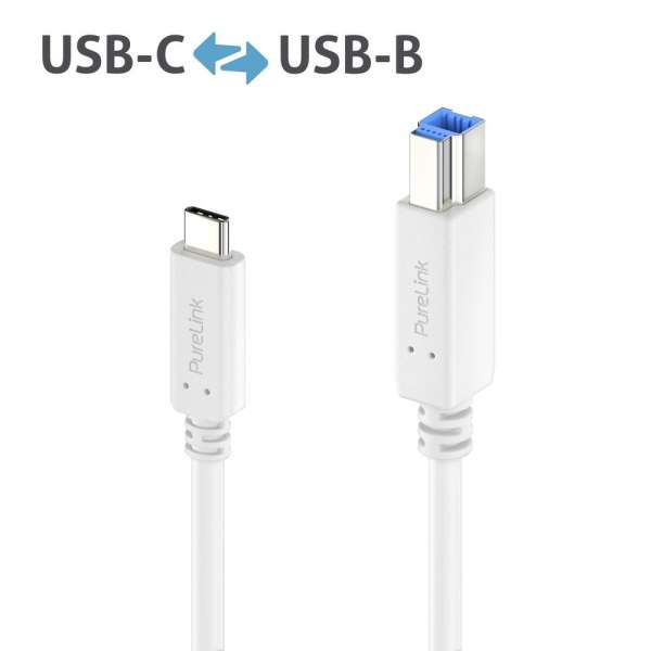 USB-C auf USB-B Kabel - 3.2 Gen 1, 3A/5V/15W, 5G - iSerie - weiß - 2,00m