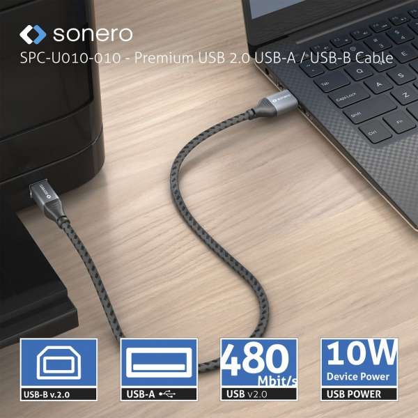 sonero USB 2.0 Kabel - A/B - Aluminium - space grey/schwarz - 2,00m