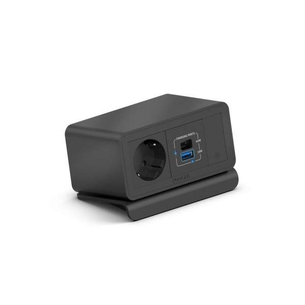 mediahub2 - 5 -Slot, freistehend, On-Table Design - schwarzes Gehäuse und mattschwarze Module. 1 Steckdose + 65W PD-Modul + 1 Leerplatz. Buchse - DE. Stecker - Wieland GST18