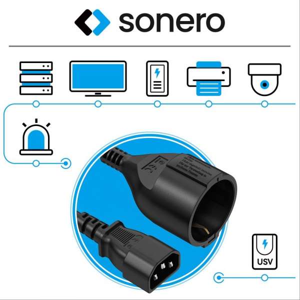 Netzkabel - Schutzkontakt Buchse gerade auf IEC Stecker (C14) gerade. Schwarz. 2,00m