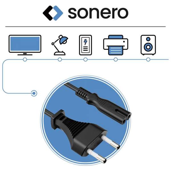Netzkabel - Euro Stecker gerade auf IEC Buchse (C7) gerade. Schwarz. 2,00m