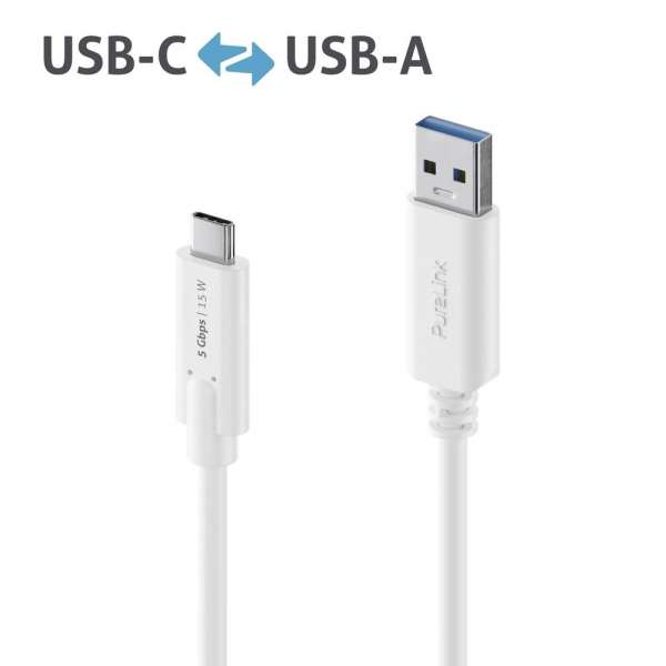 USB-C auf USB-A Kabel - 3.1 Gen 1, 3A/5V/15W, 5G - iSerie - weiß - 1,00m