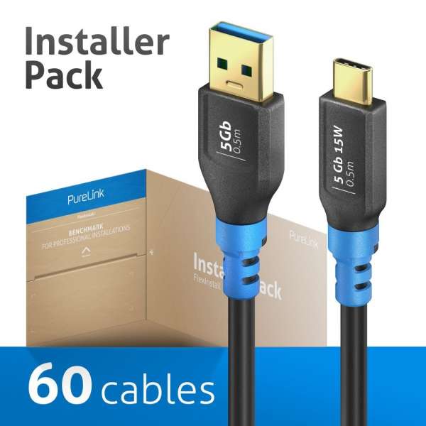 FlexInstall USB-C auf USB-A Kabel USB 3.2 Gen1x1 5Gbps 0.50m - Installer Pack 60 stk.