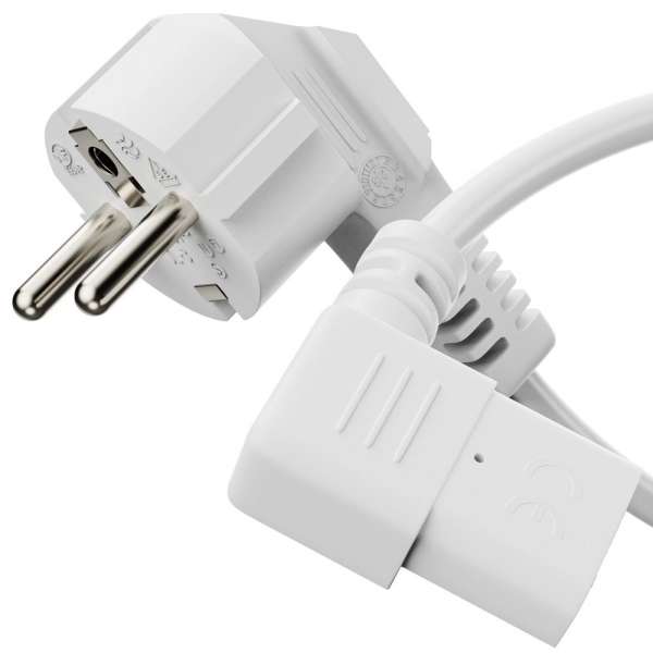 Netzkabel - Schutzkontakt Stecker 90° auf IEC Buchse (C13) 90° rechts abgewinkelt. Weiß. 2,00m