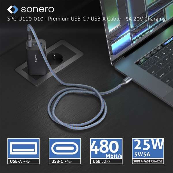 USB-C auf USB-A Ladekabel - USB 2.0, Super-Fast Charge 5V/5A - grau/blau - 0,25m