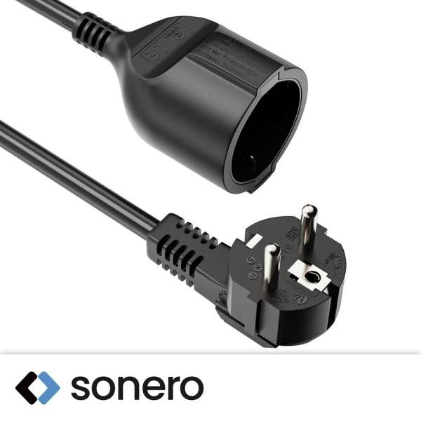 Netzkabel Verlängerung - Schutzkontakt Stecker 90° auf Sicherheits Buchse gerade. Schwarz. 5,00m