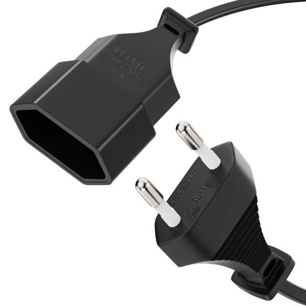 Netzkabel Verlängerung - Euro Stecker gerade auf Euro Buchse gerade. Schwarz. 3,00m