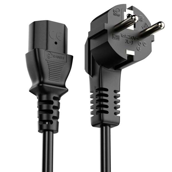 Netzkabel - Schutzkontakt Stecker 90° auf IEC Buchse (C13) gerade. Schwarz. 1,00m