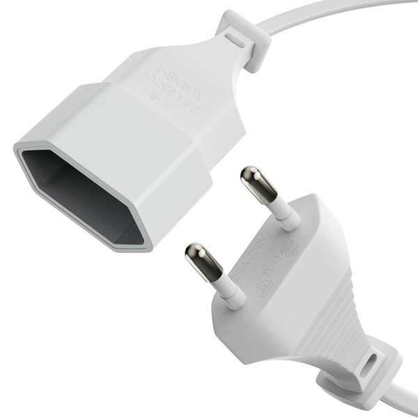 Netzkabel Verlängerung - Euro Stecker gerade auf Euro Buchse gerade. Weiß. 5,00m
