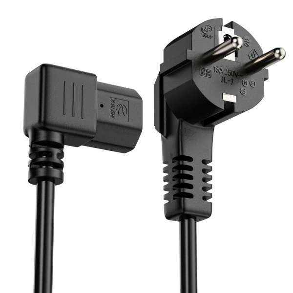 Netzkabel - Schutzkontakt Stecker 90° auf IEC Buchse (C13) 90° rechts abgewinkelt. Schwarz. 3,00m