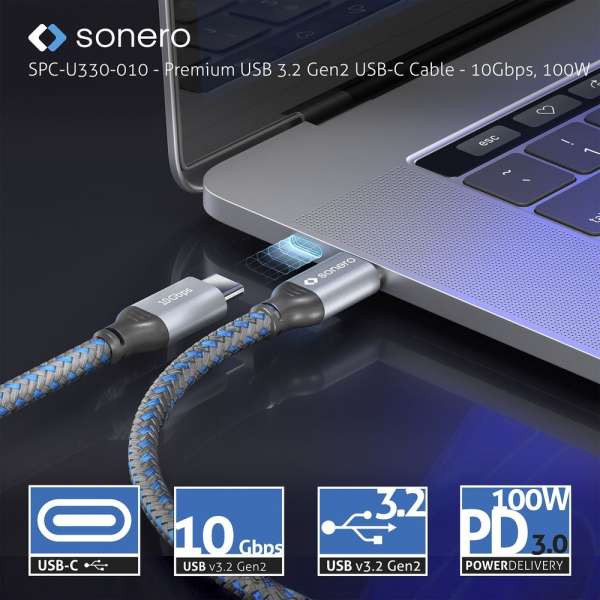 USB-C auf USB-C Kabel - 3.2 Gen 2, 10Gbps, 100W PD, DP Alt Mode - grau/blau - 1,00m