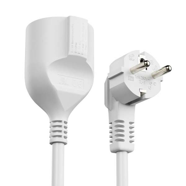 Netzkabel Verlängerung - Schutzkontakt Stecker 90° auf Sicherheits Buchse gerade. Weiß. 2,00m