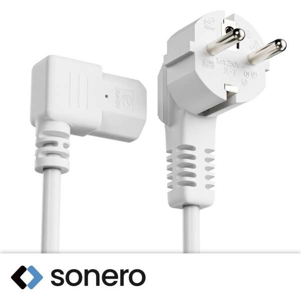 Netzkabel - Schutzkontakt Stecker 90° auf IEC Buchse (C13) 90° rechts abgewinkelt. Weiß. 2,00m
