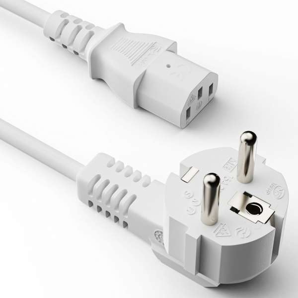 Netzkabel - Schutzkontakt Stecker 90° auf IEC Buchse (C13) gerade. Weiß. 20,0m