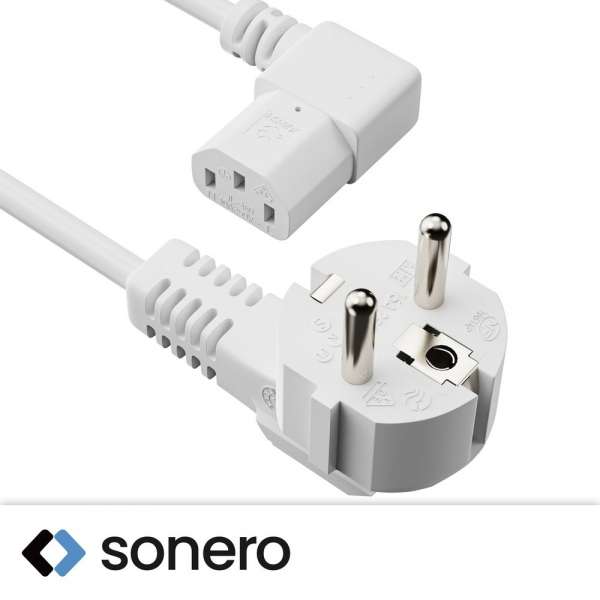 Netzkabel - Schutzkontakt Stecker 90° auf IEC Buchse (C13) 90° rechts abgewinkelt. Weiß. 2,00m