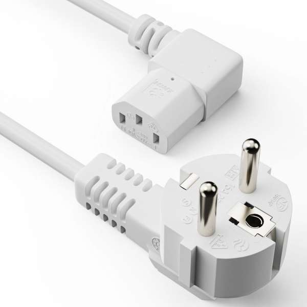 Netzkabel - Schutzkontakt Stecker 90° auf IEC Buchse (C13) 90° rechts abgewinkelt. Weiß. 2,00m