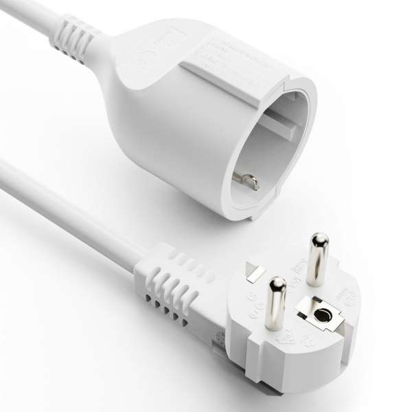 Netzkabel Verlängerung - Schutzkontakt Stecker 90° auf Sicherheits Buchse gerade. Weiß. 5,00m