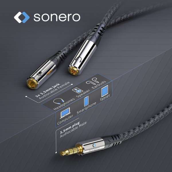 sonero 3,5mm auf 2x 3,5mm Kopfhörer Adapter Kabel Nylon, schwarz, 0,25m
