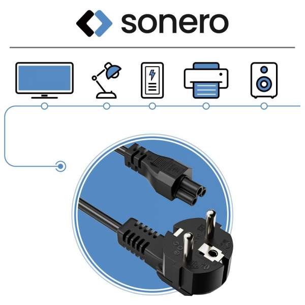 Netzkabel - Schutzkontakt Stecker 90° auf IEC Buchse (C5) gerade. Schwarz. 2,00m
