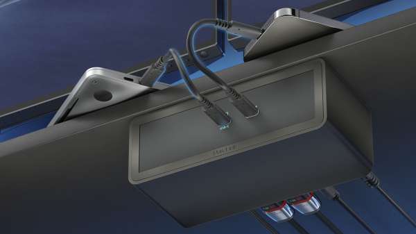 mediahub2 - USB-C Docking Station, freistehend, Tischmodell - schwarzes Gehäuse und matt-schwarze Module.