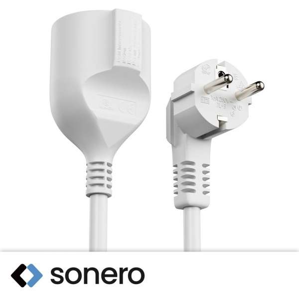 Netzkabel Verlängerung - Schutzkontakt Stecker 90° auf Sicherheits Buchse gerade. Weiß. 2,00m