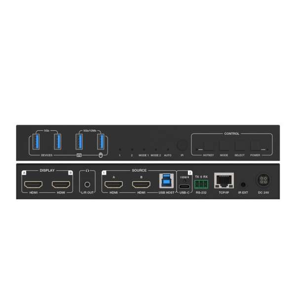 PureTools - 2x1 HDMI 2.1 Dual Screen KVM Switch - 40Gbps - Dual Screen, Quad USB, schnelles Switchen HDMI / USB-C + 100W PD