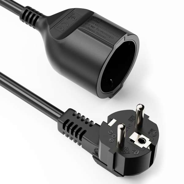Netzkabel Verlängerung - Schutzkontakt Stecker 90° auf Sicherheits Buchse gerade. Schwarz. 2,00m