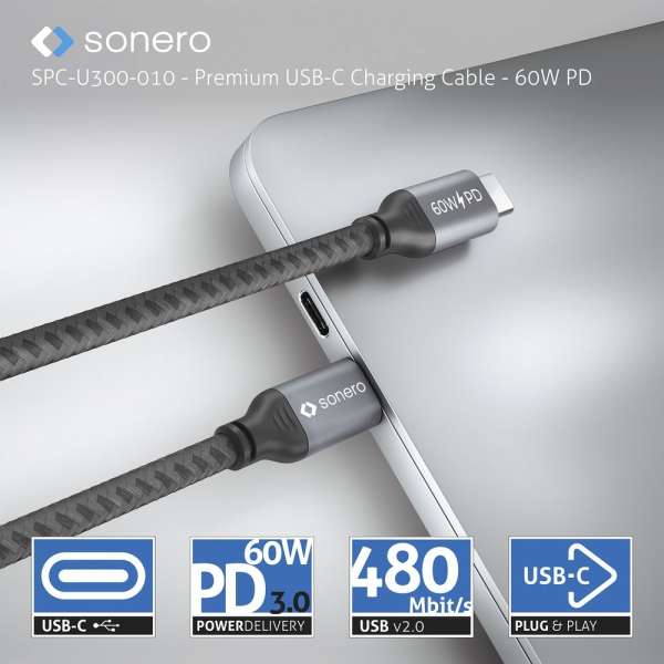 USB-C auf USB-C Ladekabel - USB 2.0, 60W PD - grau/schwarz - 0,50m