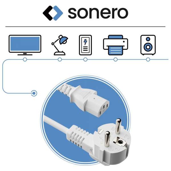 Netzkabel - Schutzkontakt Stecker 90° auf IEC Buchse (C13) gerade. Weiß. 15,0m