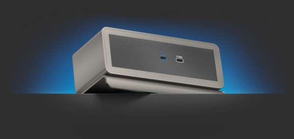 mediahub2 - USB-C Docking Station, freistehend, Tischmodell - space grey Gehäuse und matt-schwarze Module.