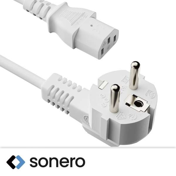 Netzkabel - Schutzkontakt Stecker 90° auf IEC Buchse (C13) gerade. Weiß. 15,0m