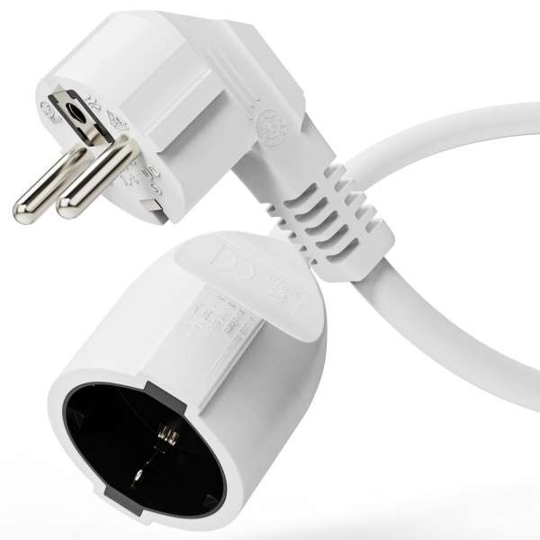 Netzkabel Verlängerung - Schutzkontakt Stecker 90° auf Sicherheits Buchse gerade. Weiß. 2,00m