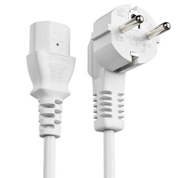 Netzkabel - Schutzkontakt Stecker 90° auf IEC Buchse (C13) gerade. Weiß. 15,0m