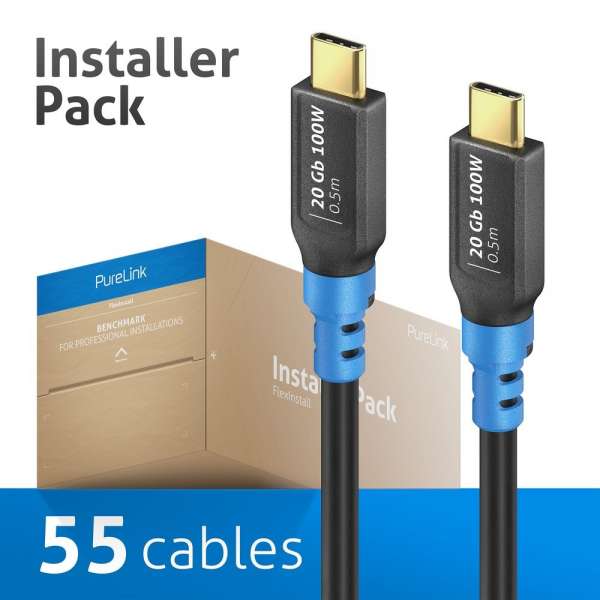 FlexInstall USB-C auf USB-C Kabel USB4 Gen2x2 20Gbps 100W 0.50m - Installer Pack 55 stk.