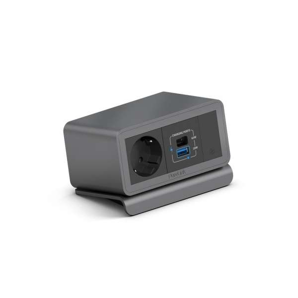 mediahub2 - 5 -Slot, freistehend, On-Table Design - Gehäuse in space-grey und mattschwarze Module. 1 Steckdose + 65W PD-Modul + 1 Leerzeichen. Buchse - DE. Stecker - Wieland GST18
