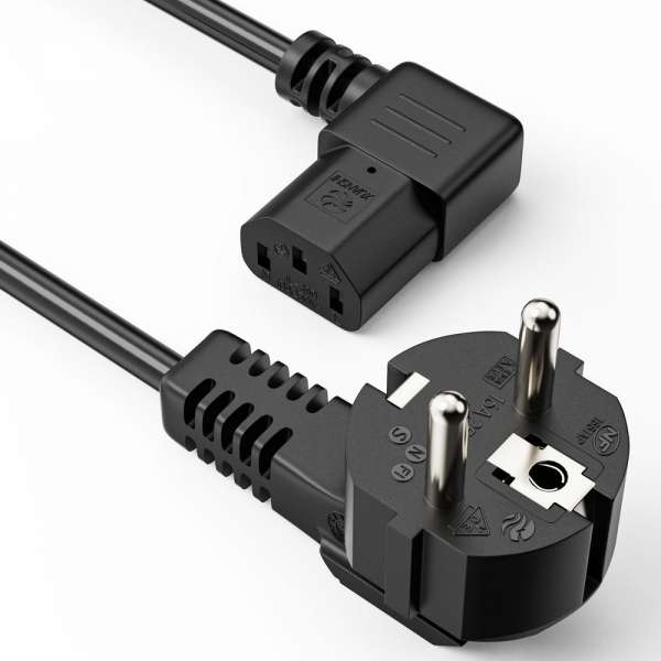 Netzkabel - Schutzkontakt Stecker 90° auf IEC Buchse (C13) 90° rechts abgewinkelt. Schwarz. 3,00m