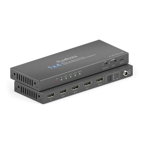 PureTools - 1x4 HDMI2.1 Splitter - 48Gbps - 8K (60Hz 4:2:0) 12 bit, Audio De-Embedding und Signal Management