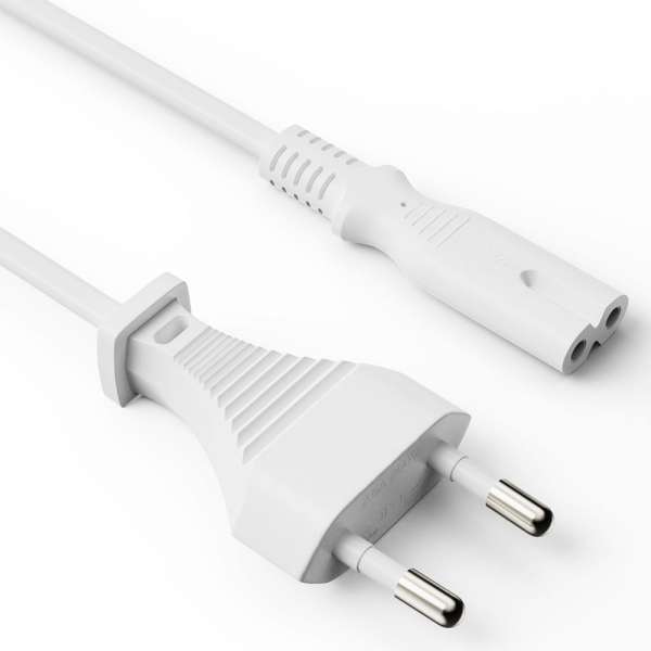 Netzkabel - Euro Stecker gerade auf IEC Buchse (C7) gerade. Weiß. 1,00m