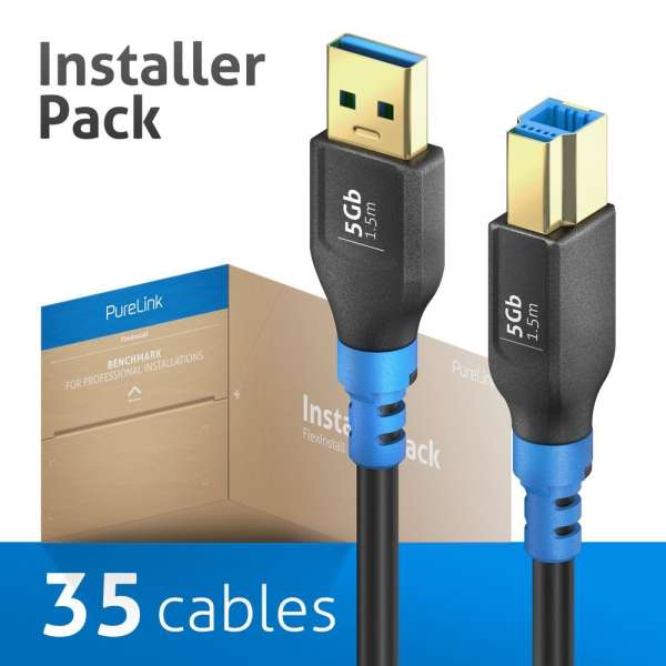FlexInstall USB-A auf USB-B Kabel USB 3.2 Gen1x1 5Gbps 1.50m - Installer Pack 35 stk.