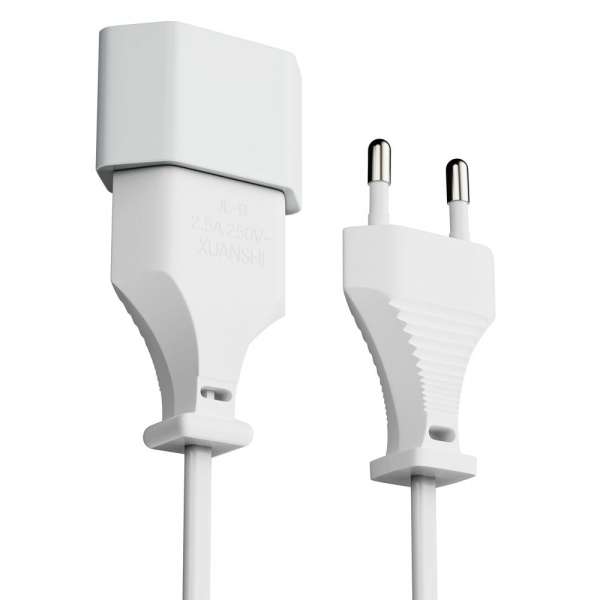 Netzkabel Verlängerung - Euro Stecker gerade auf Euro Buchse gerade. Weiß. 5,00m