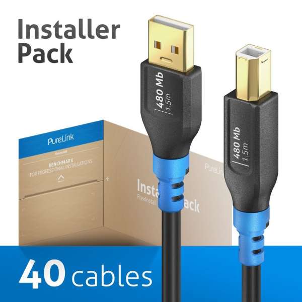 FlexInstall USB-A auf USB-B Kabel USB 2.0 480Mbps 1.50m - Installer Pack 40 stk.