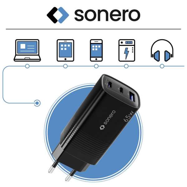 sonero USB-C & USB-A Ladegerät - 3 Port - 65W PD - schwarz