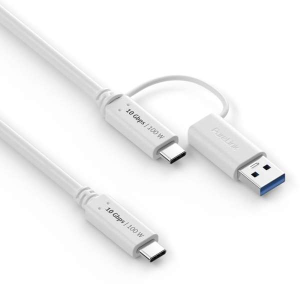 USB-C auf USB-C Kabel mit USB-A Aufsatz - 3.2 Gen 2x1, 5A, 10G, DP Alt Mode - iSerie - weiß - 1,00m