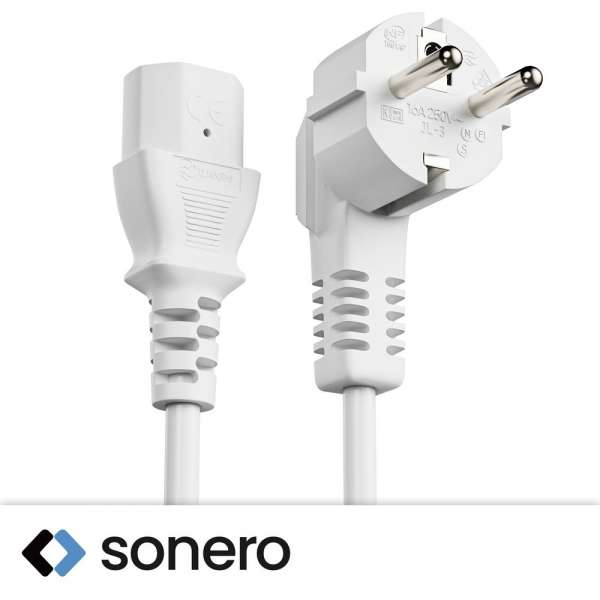 Netzkabel - Schutzkontakt Stecker 90° auf IEC Buchse (C13) gerade. Weiß. 20,0m