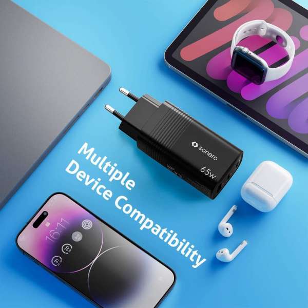 sonero USB-C & USB-A Ladegerät - 3 Port - 65W PD - schwarz