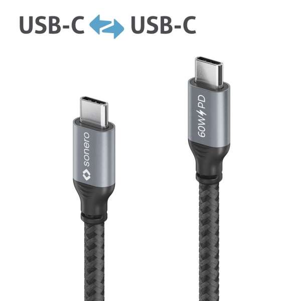 USB-C auf USB-C Ladekabel - USB 2.0, 60W PD - grau/schwarz - 0,50m